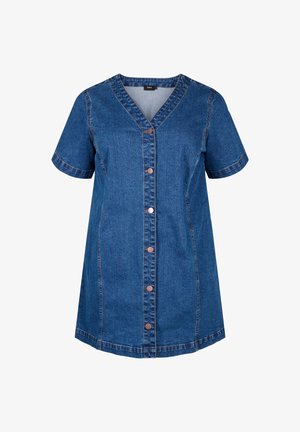 Denim-paitamekko, lyhyet hihat, v-pääntie, etu-napitus kuparinapeilla, kontrastiväriset tikkaukset, polvipituinen, syvän sininen väri.