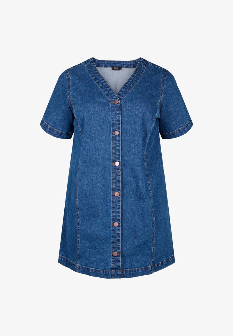 Denimo suknelė, trumpomis rankovėmis, V formos iškirpte, priekiniais mygtukais su vario spalvos mygtukais, kontrastinga siuvimo linija, iki kelių, sodriai mėlynos spalvos.