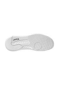 Suola della scarpa realizzata in materiale gommoso bianco, con un motivo testurizzato esagonale e un logo laterale dal design curvo.