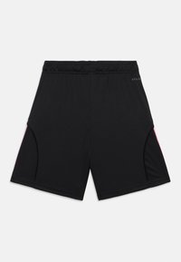 Black athletic shorts with an elastic waistband, featuring pink accents on the side pockets and smooth, lightweight material.