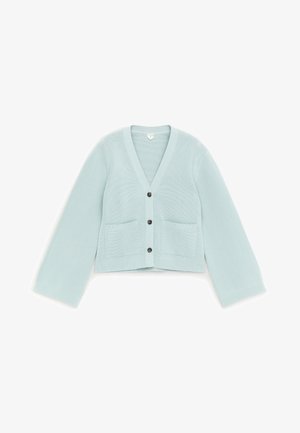 Cárdigan de punto azul claro con cuello en V, tres botones negros, mangas largas y dos bolsillos delanteros de parche.