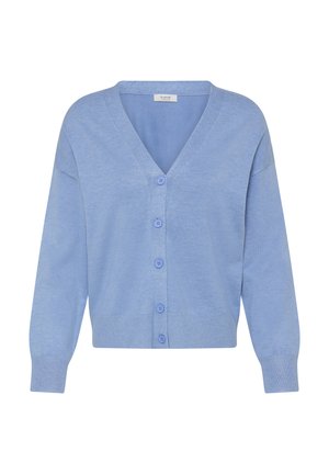 Svetlomodrý kardigán z jemného pleteného materiálu, s výstrihom do V, dlhými rukávmi a šiestimi zodpovedajúcimi gombíkmi vpredu.