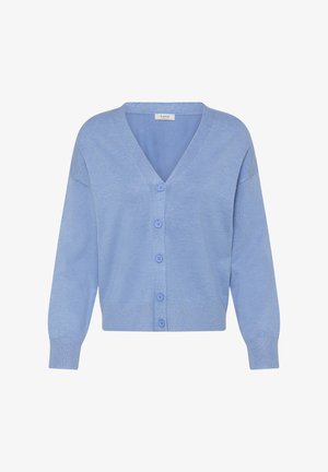 Ljusblå kofta av mjukt stickat material, med V-ringning, långa ärmar och sex matchande knappar framtill.