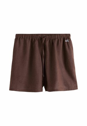 Brown casual shorts with elastic waistband, front drawstring, and small white "self." logo on the upper left side.
