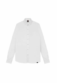 Witte overhemd met lange mouwen en een gestructureerde kraag, voorste sluiting en een klein logo'etiket aan de onderzijde. Gladde stofstructuur.