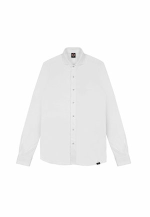 Witte overhemd met lange mouwen en een gestructureerde kraag, voorste sluiting en een klein logo'etiket aan de onderzijde. Gladde stofstructuur.