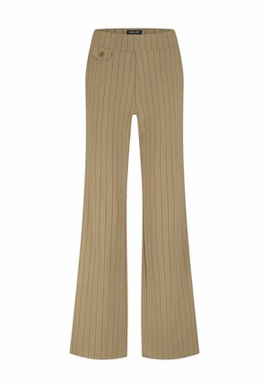 Beige flarebroek met een streepmotief, voorzien van een brede tailleband en een enkele knoopdetail op het voorkeursvak.