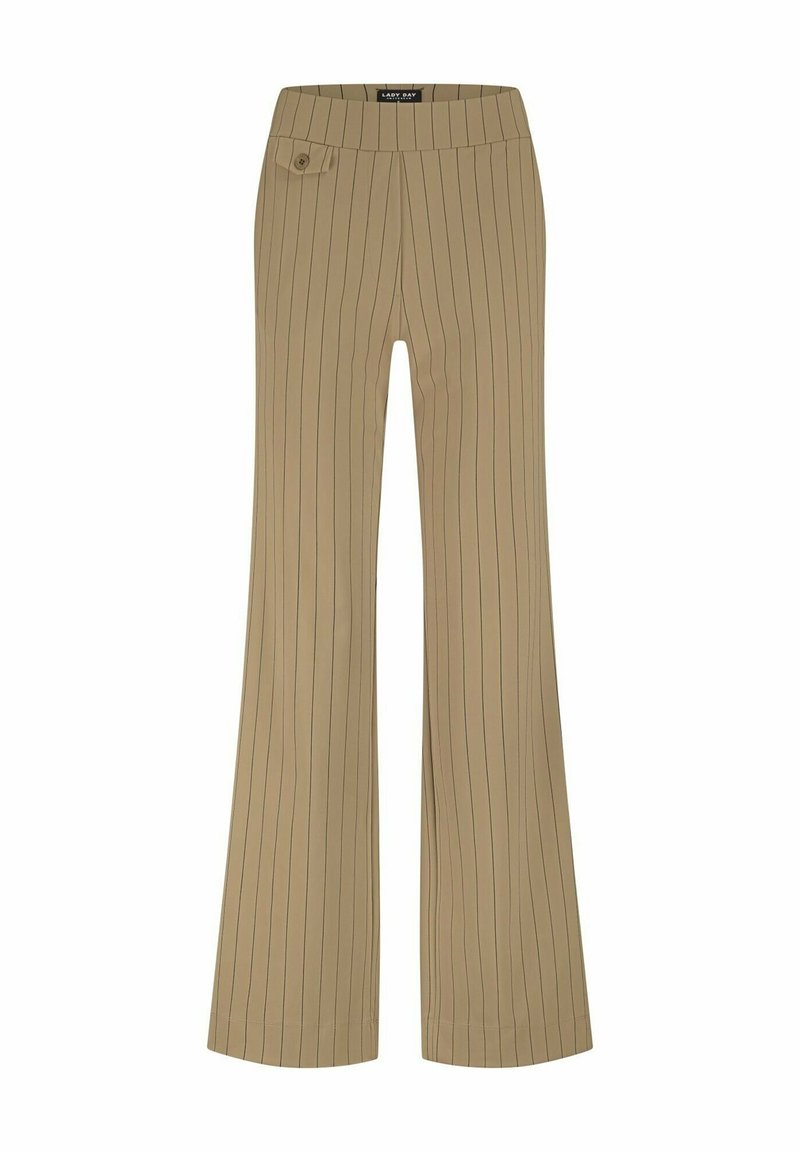 Beige flarebroek met een streepmotief, voorzien van een brede tailleband en een enkele knoopdetail op het voorkeursvak.