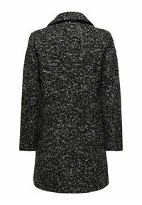 Manteau en laine texturée gris foncé et noir avec manches longues et large col, vu de dos sur fond blanc.