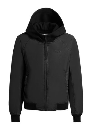 Sort hættejakke med lynlås, lange ærmer, ribkant ved manchetter og kant samt sidelommer, med lille broderet logo på brystet.