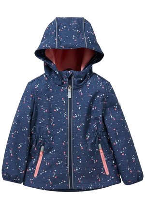 Granatowa dziecięca kurtka z kapturem z wielokolorowymi rozrzuconymi literami, zapinana na zamek z przodu, z elastycznym pasem i kieszeniami na zamek z różowym obramowaniem.