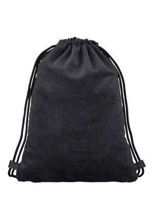 Schwarzer Cord-Rucksack mit Kordelzug, verstellbaren Schulterriemen und einem kleinen rechteckigen Logopatch in der Mitte vorne.