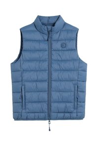 Chaleco de plumas azul con cuello alzado, cierre frontal, Bolsillos laterales y un diseño acolchado con costuras horizontales.