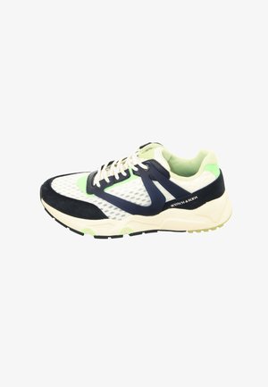 Sneaker with a mesh white upper, navy suede accents, and green details. Light colored sole with textured grip. Laced design for secure fit.
