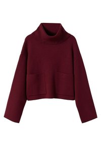 Bordeauxfarbener, verkürzter Pullover mit hohem Kragen, weiten Ärmeln und zwei vorderen Taschen; aus einem weichen, strukturierten Strickmaterial gefertigt.