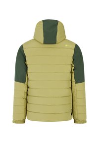 Zelena i svijetlozelena puffer jakna s kapuljačom, s horizontalnim šavovima, elastičnim manžetama i logotipom na gornjem dijelu leđa.