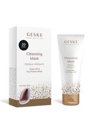 Geske Reinigungsmaske mit Arganöl und Sojaprotein, Tube und Box-Verpackung, mit Angabe von 20 Masken und deutschem Beauty-Tech-Branding.