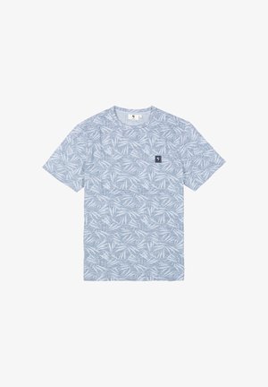 Himmelblaues Kurzarm-T-Shirt mit einem tropischen Blättermuster in dunklerem Blau. Enthält ein kleines navyfarbenes Logo auf der linken Brust.
