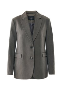 Blazer gris con rayas finas, hecho de una tela suave. Presenta dos botones en la parte frontal, solapas muescas y dos bolsillos. Forro interior visible.