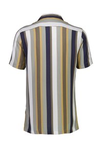 Kortermet skjorte med vertikale striper i marineblått, olivengrønt, beige og grått. Krage-design med en glatt tekstur og sidesplitter.