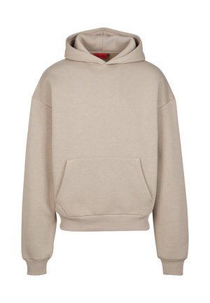 Beige oversized mikina vyrobená z měkké směsi bavlny, s klokaní kapsou, žebrovanými manžetami a kapucí na šňůrku. Hladká textura.