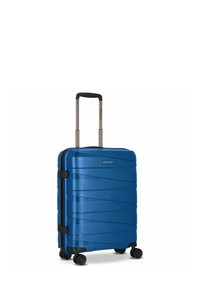 Valigia rigida blu con quattro ruote pivotanti e manico telescopico estensibile, caratterizzata da un design a texture diagonale e dal logo "REDOLZ".
