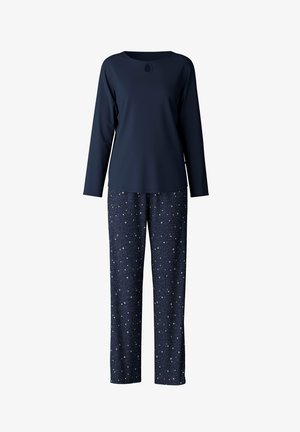 Maglietta a maniche lunghe blu navy con dettaglio a chiave, abbinata a pantaloni da pigiama pattern blu navy con accenti bianchi a forma di stella. Tessuto morbido.