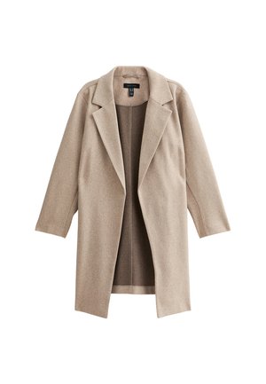 Beige wool coat with a notched lapel, open front, and long sleeves. Features clean lines and soft texture, suitable for layering.