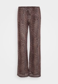 Leopard print wide-leg pants with an elastic waistband and drawstring. Lightweight, sheer fabric with a smooth texture, featuring a brown and black pattern.
