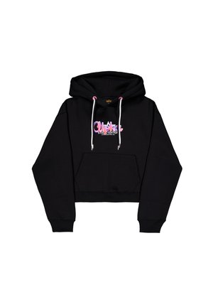Sweat à capuche noir court en coton, avec une poche frontale, des cordons de serrage avec des accents roses et un graphisme coloré "Édition Studio".