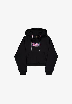 Zwarte cropped hoodie van katoen, met een voorzak, trekkoorden met roze accenten en een kleurrijke "Studio Edition" grafiek.