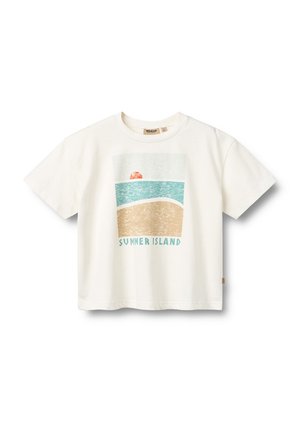 Biała koszulka z krótkim rękawem z grafiką zachodu słońca, morza i piasku oraz napisem "SUMMER ISLAND" na przodzie.