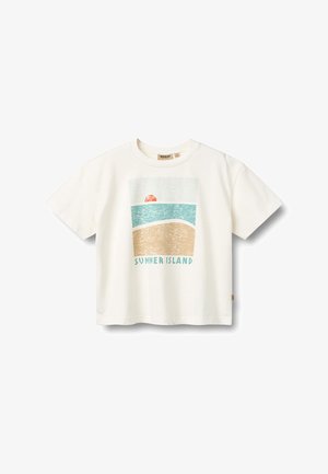 White short-sleeve t-shirt with a graphic of a sunset, sea, and sand, and the text "SUMMER ISLAND" on the front.