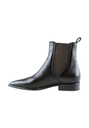 Schwarzer Chelsea-Leder-Stiefelette mit elastischem Seiteneinsatz, Zuglasche hinten, niedrigem Absatz und spitzer Zehe, von der Außenseite gezeigt.