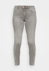 Vaqueros ajustados grises de cintura alta, hechos de denim. Cuenta con un cierre frontal de botón y cinco bolsillos para almacenamiento. Textura suave.