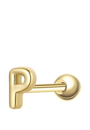 Gancho de pared de color dorado con forma de la letra "P" y una base de montaje redonda, exhibido sobre un fondo blanco.