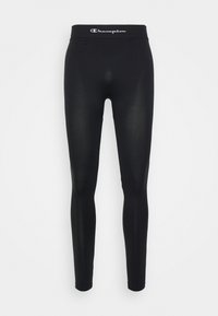  svarte leggings laget av elastisk stoff, med høy midje og "Champion"-logo i hvitt, tettsittende design og jevn tekstur.