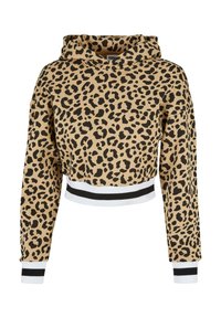 Kuttet hettegenser i beige med svart leopardmønster. Har snorhette og ribbestrikket nederkant med svart og hvit stripe på ermene.