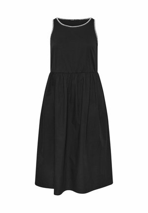 Schwarzes ärmelloses Kleid mit gerafftem Rock, das über eine weiße gestickte Gestaltung am Ausschnitt verfügt. Hergestellt aus leichtem Stoff.