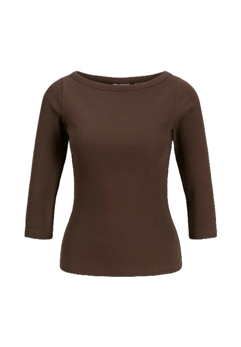 Top marrone a coste con maniche a tre quarti, scollatura ampia, silhouette aderente e texture liscia. Design semplice senza decorazioni.