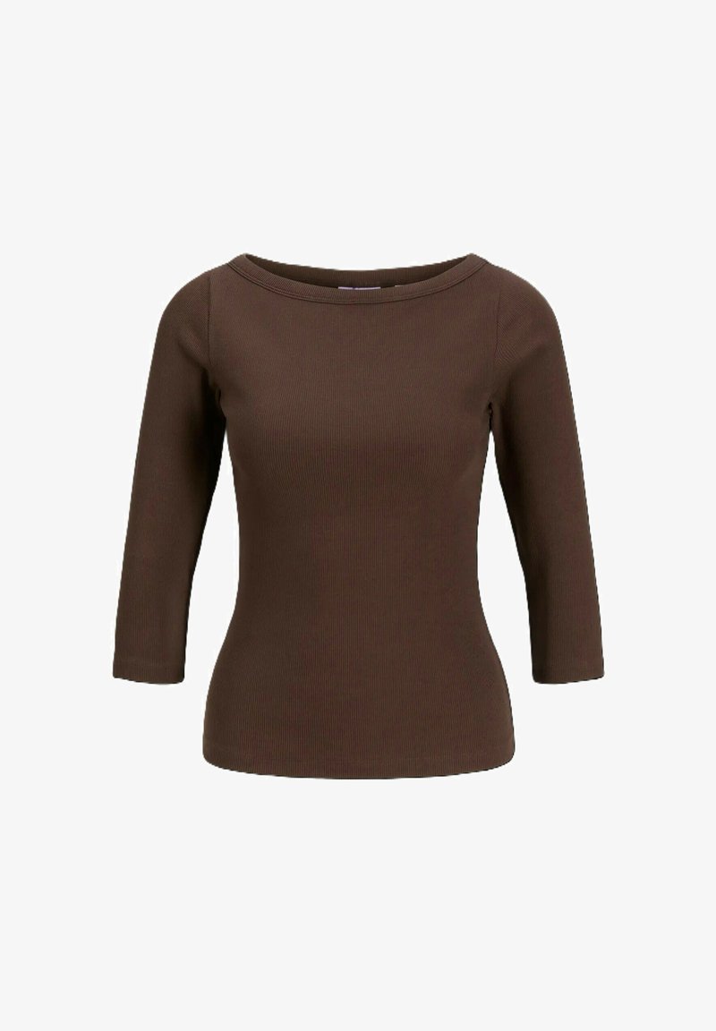 Top marrone a coste con maniche a tre quarti, scollatura ampia, silhouette aderente e texture liscia. Design semplice senza decorazioni.