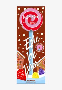 Braune Verpackung mit dem Text "Epic Ink Liner" und "Gingersnap Swirl Shade", verziert mit bunten Punkten und einer Lebkuchenhaus-Illustration. Wasserdicht.