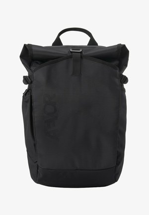 Black roll-top backpack with adjustable side straps, front flap pocket, and top handle for carrying.