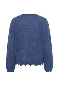 Blue knitted sweater with a textured finish, round neckline, and scalloped hem. Features long sleeves and a relaxed silhouette.