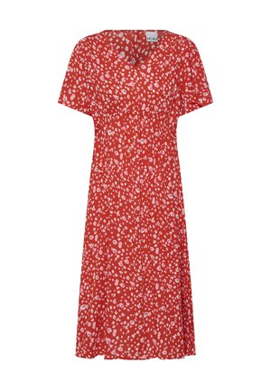 Punane midi kleit lühikeste varrukatega, V-kaelusega, valge ja roosa väikese lillemustriga, kogutud vöökohaga.