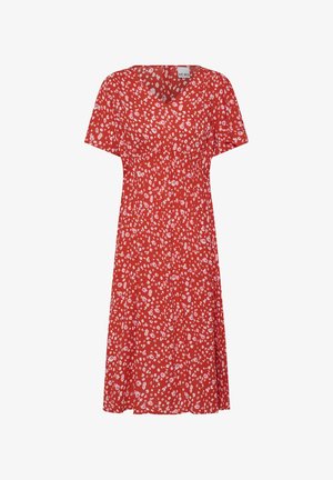 Punane midi kleit lühikeste varrukatega, V-kaelusega, valge ja roosa väikese lillemustriga, kogutud vöökohaga.