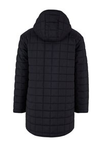 Svart quiltet pufferjakke med hette, med et rektangulært mønster, lange ermer og rett kant, laget av et mykt og varmt materiale.
