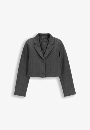 Krótko przycięta szara marynarka z pionowymi prążkami, zaokrąglonymi klapami i dwoma przednimi guzikami. Wykonana z teksturowanej tkaniny z gładką podszewką wewnętrzną.