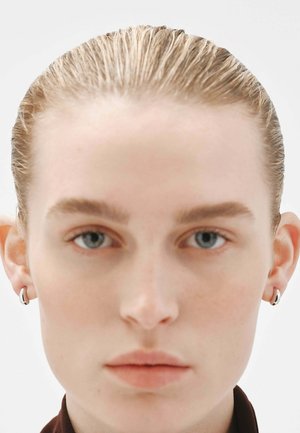 Aros de plata en forma de hoop son usados por un modelo. El modelo tiene el cabello claro recogido hacia atrás, con piel pálida y una expresión neutral, destacando las características faciales.