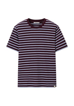 T-shirt à manches courtes avec col rond, rayures horizontales noires et bleu clair, ourlet droit et petite étiquette en bas.